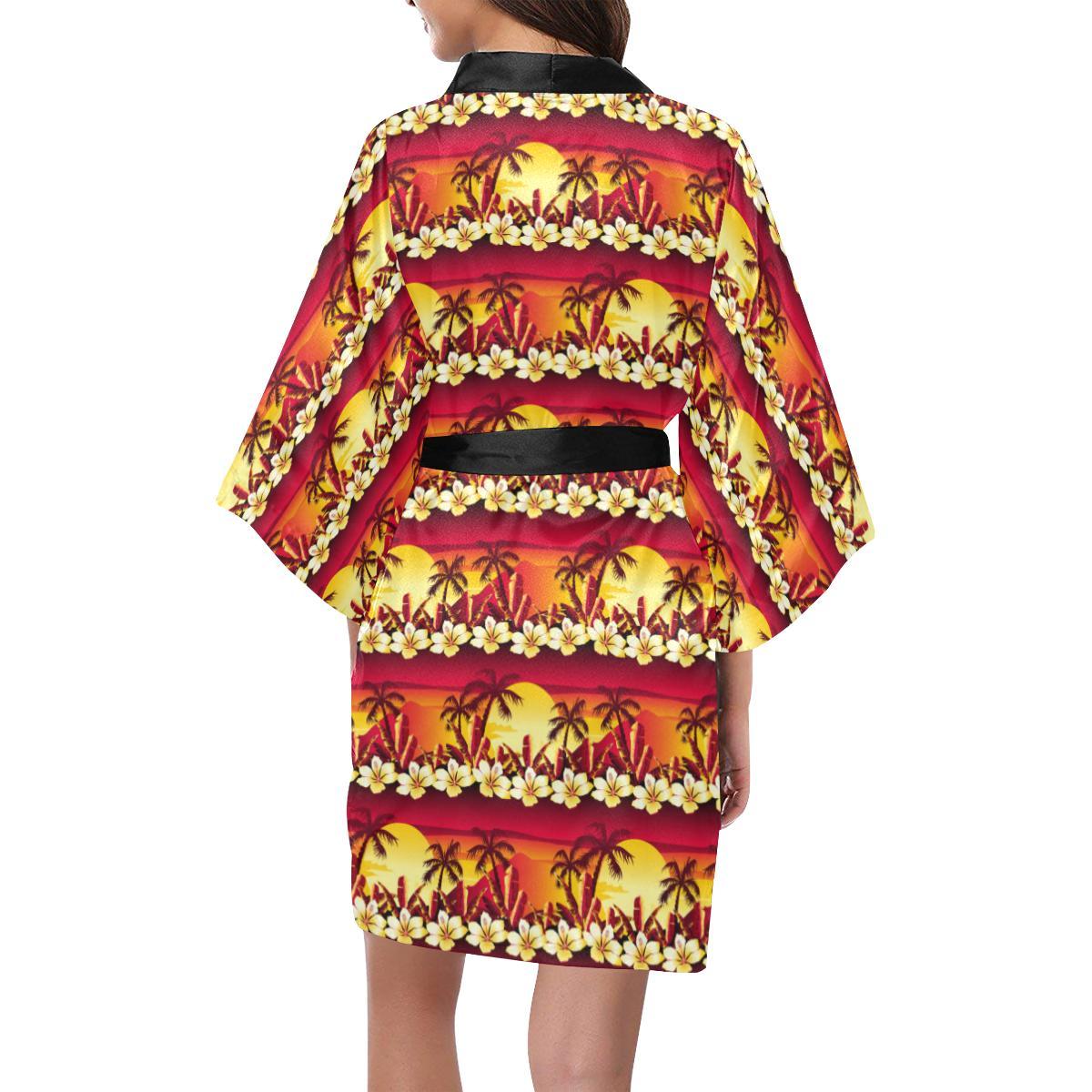 Hawaiian Tropical Sunset Hibiscus Print Women Short Kimono Robe