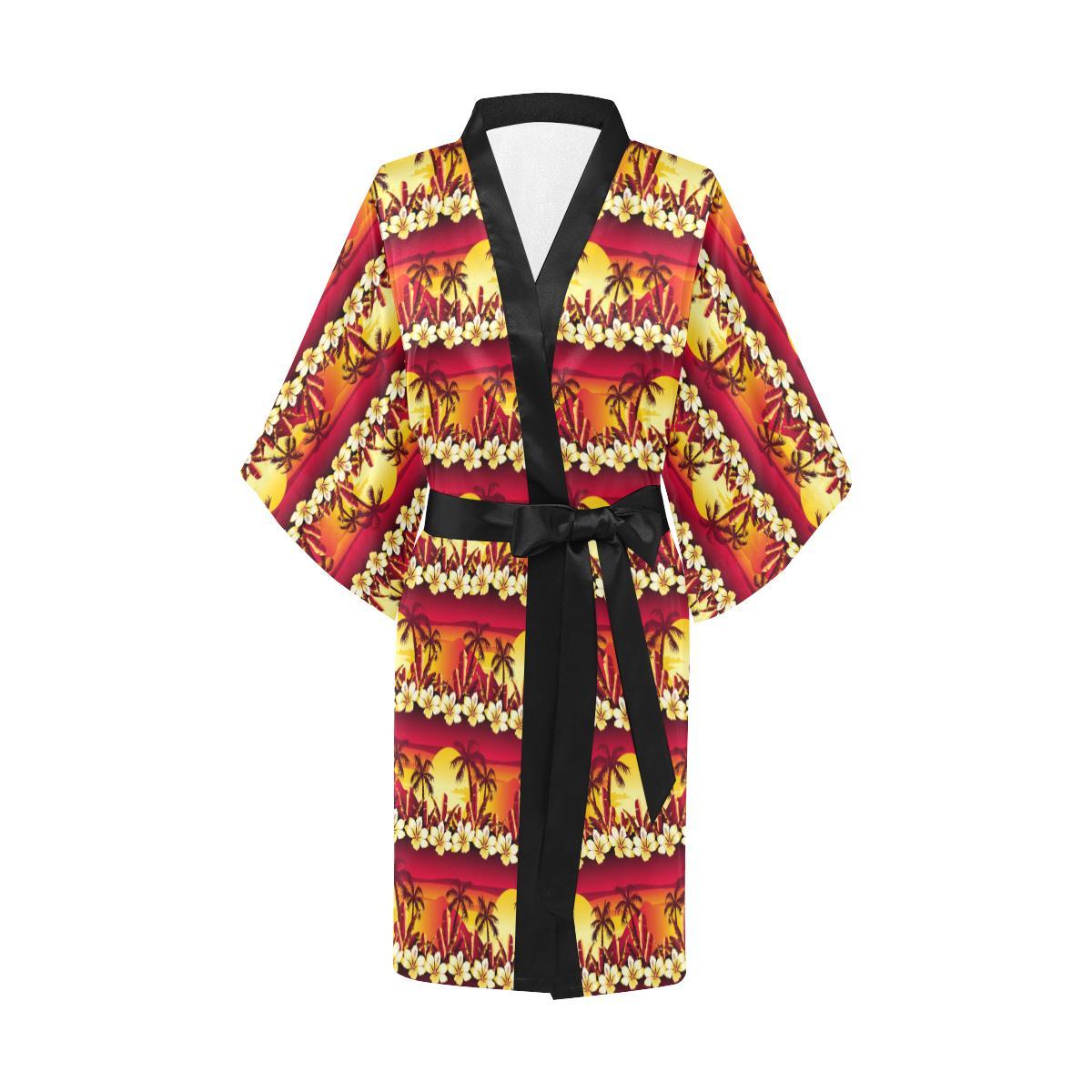 Hawaiian Tropical Sunset Hibiscus Print Women Short Kimono Robe