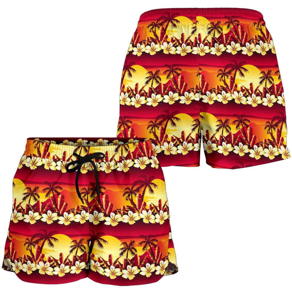 Hawaiian Tropical Sunset Hibiscus Print Women Shorts-JTAMIGO.COM