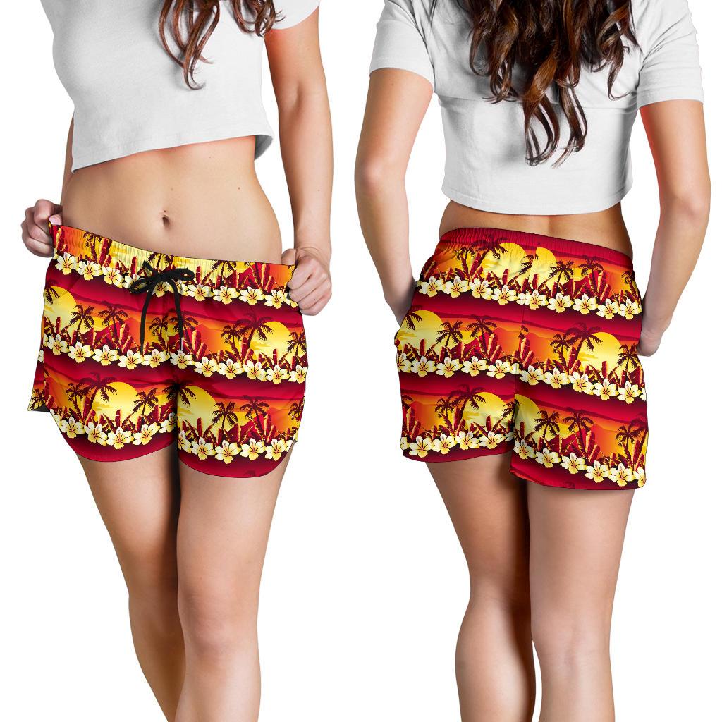 Hawaiian Tropical Sunset Hibiscus Print Women Shorts-JTAMIGO.COM