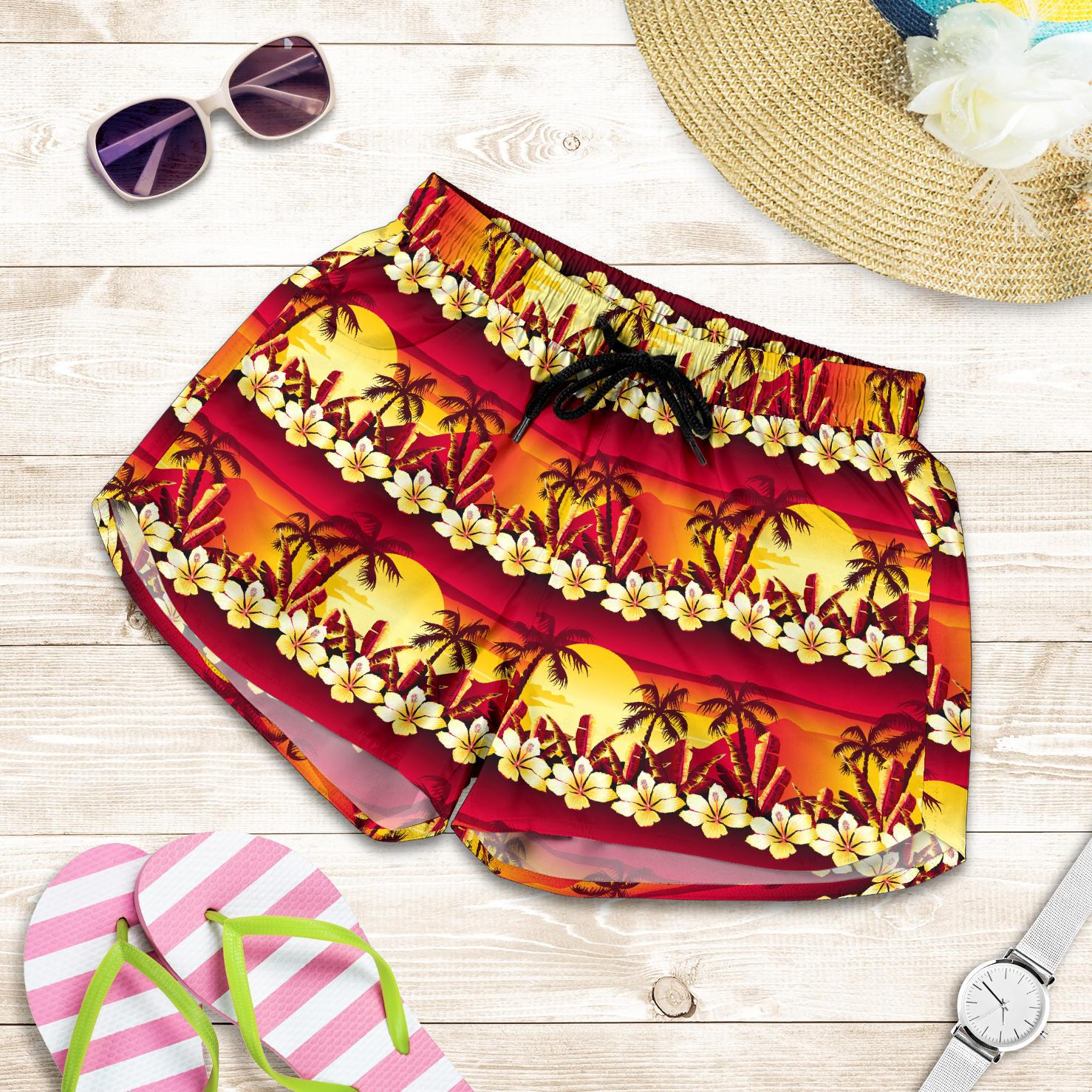 Hawaiian Tropical Sunset Hibiscus Print Women Shorts-JTAMIGO.COM