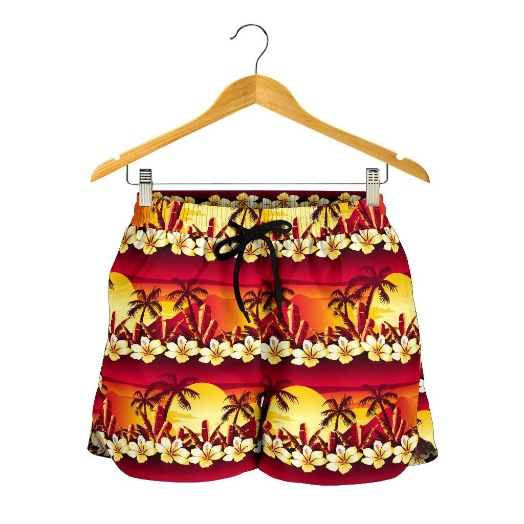 Hawaiian Tropical Sunset Hibiscus Print Women Shorts-JTAMIGO.COM