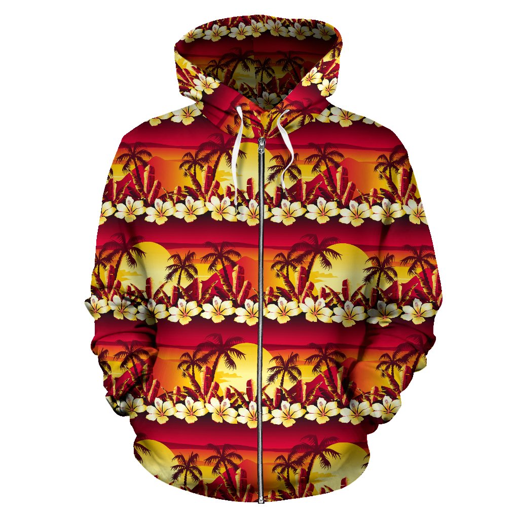 Hawaiian Tropical Sunset Hibiscus Print Zip Up Hoodie