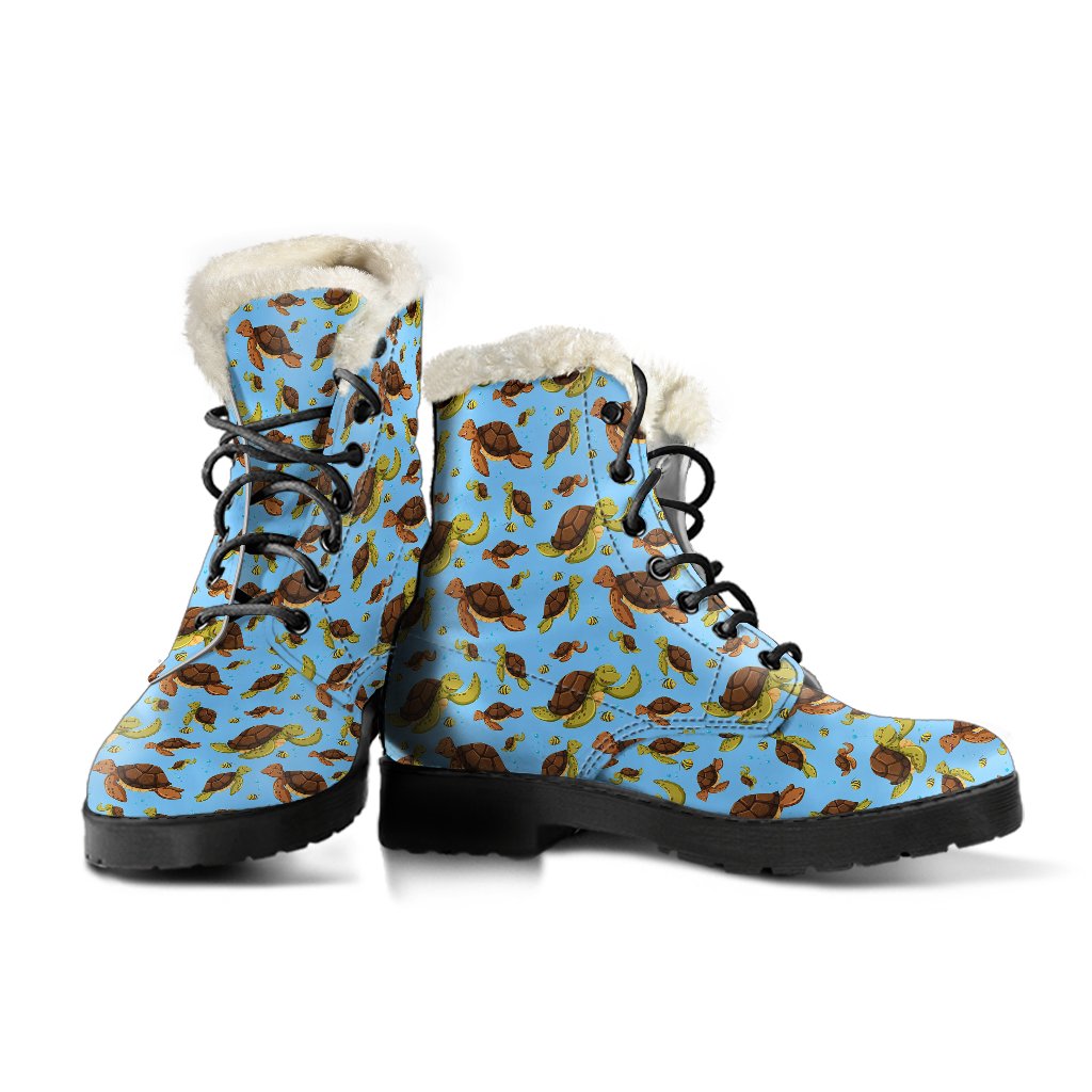 Hello Sea Turtle Print Pattern Faux Fur Leather Boots-JTAMIGO.COM
