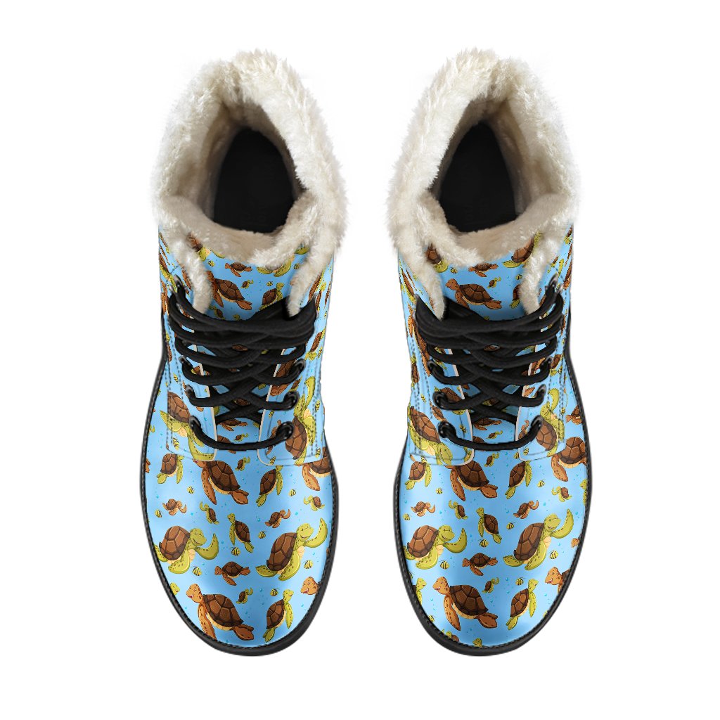 Hello Sea Turtle Print Pattern Faux Fur Leather Boots-JTAMIGO.COM