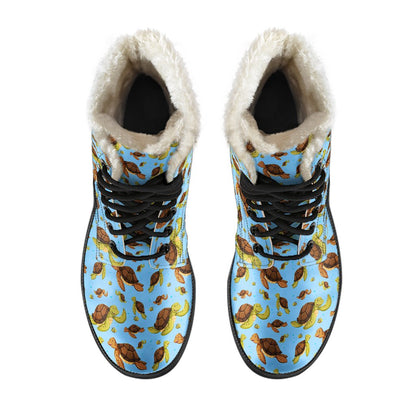 Hello Sea Turtle Print Pattern Faux Fur Leather Boots-JTAMIGO.COM