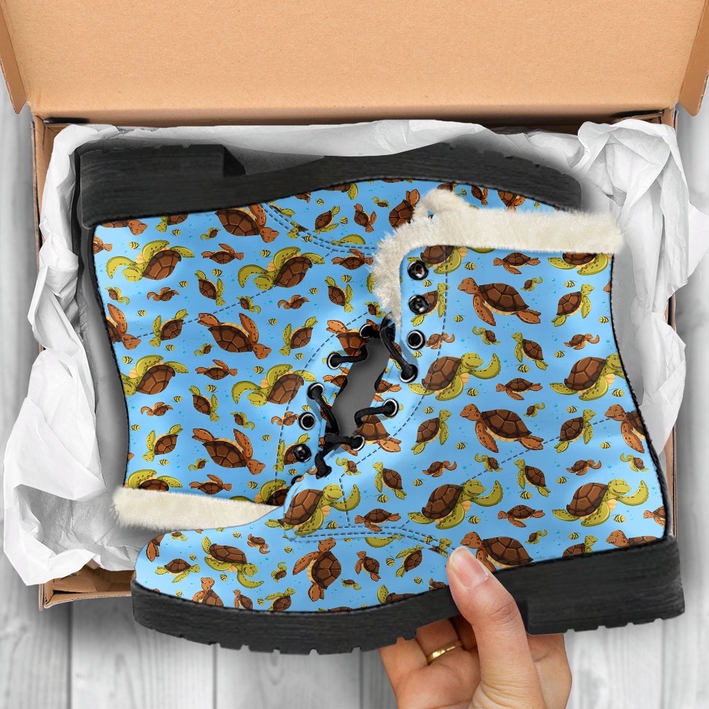 Hello Sea Turtle Print Pattern Faux Fur Leather Boots-JTAMIGO.COM