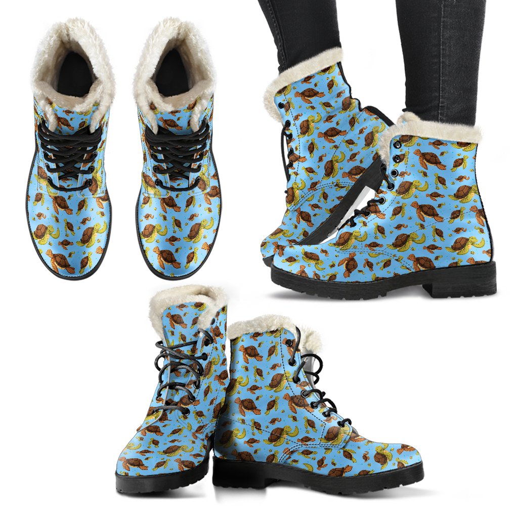 Hello Sea Turtle Print Pattern Faux Fur Leather Boots-JTAMIGO.COM