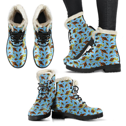 Hello Sea Turtle Print Pattern Faux Fur Leather Boots-JTAMIGO.COM