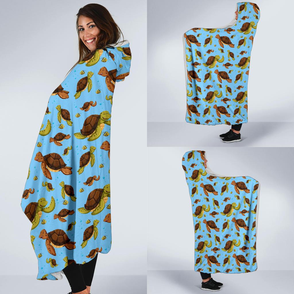 Hello Sea Turtle Print Pattern Hooded Blanket-JTAMIGO.COM
