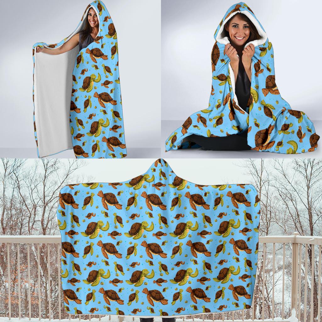 Hello Sea Turtle Print Pattern Hooded Blanket-JTAMIGO.COM
