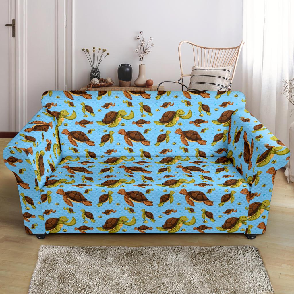 Hello Sea Turtle Print Pattern Loveseat Slipcover-JTAMIGO.COM