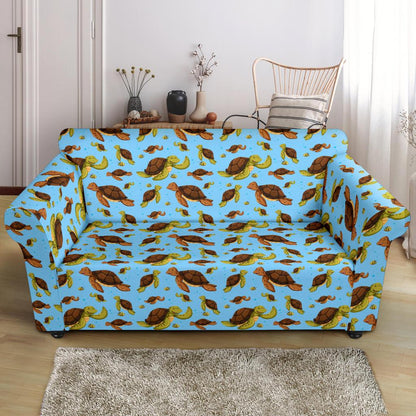 Hello Sea Turtle Print Pattern Loveseat Slipcover-JTAMIGO.COM