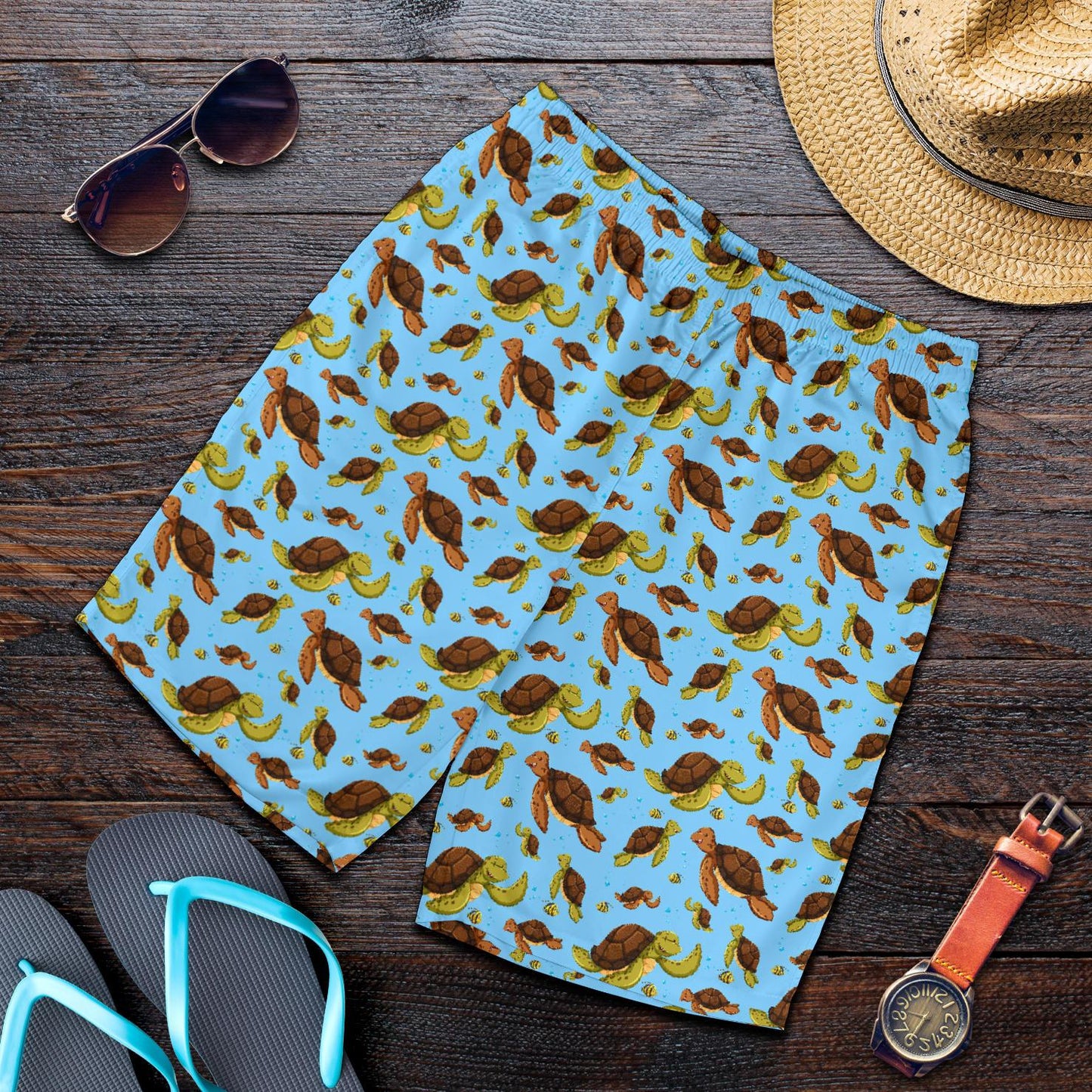 Hello Sea Turtle Print Pattern Mens Shorts-JTAMIGO.COM
