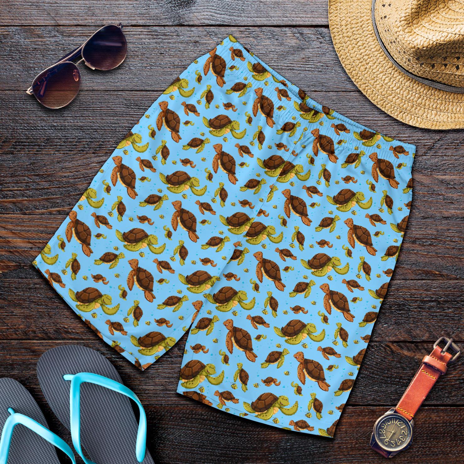 Hello Sea Turtle Print Pattern Mens Shorts-JTAMIGO.COM