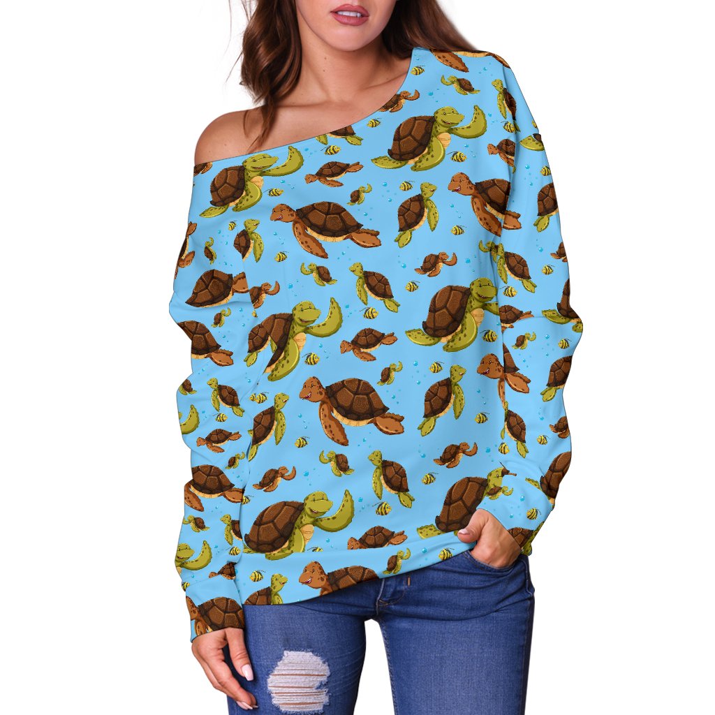 Hello Sea Turtle Print Pattern Off Shoulder Sweatshirt