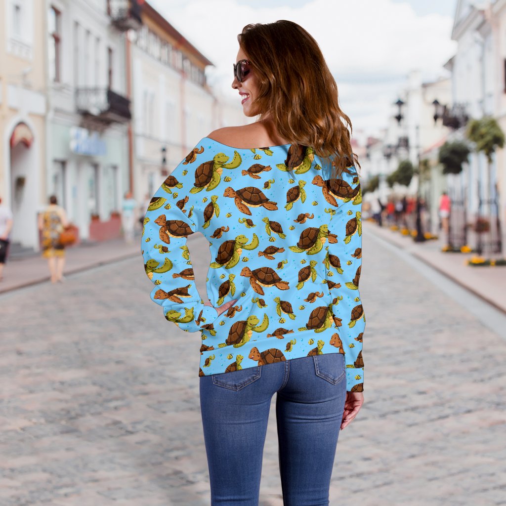 Hello Sea Turtle Print Pattern Off Shoulder Sweatshirt