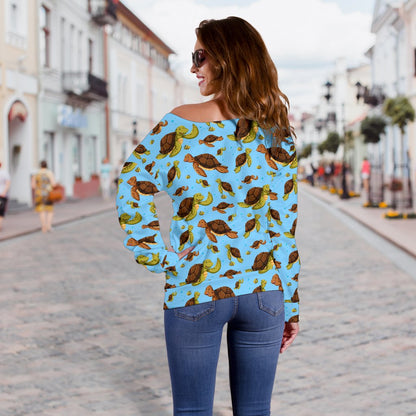 Hello Sea Turtle Print Pattern Off Shoulder Sweatshirt
