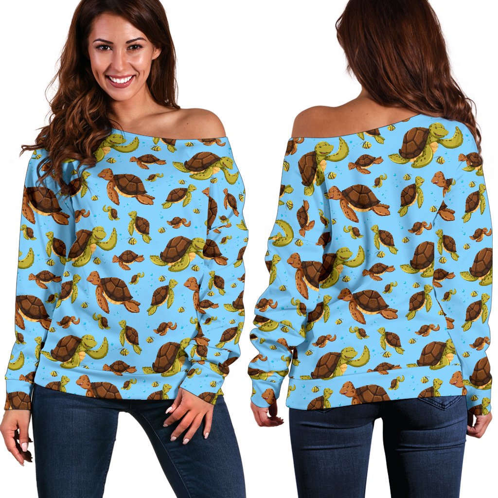 Hello Sea Turtle Print Pattern Off Shoulder Sweatshirt