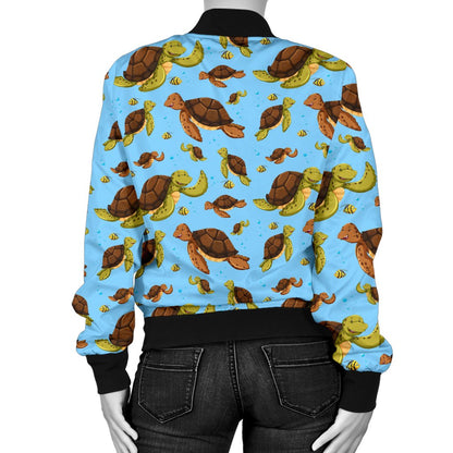Hello Sea Turtle Print Pattern Women Casual Bomber Jacket