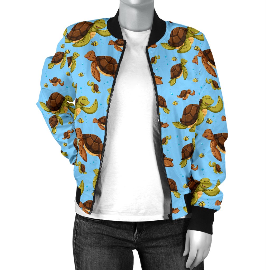 Hello Sea Turtle Print Pattern Women Casual Bomber Jacket