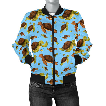 Hello Sea Turtle Print Pattern Women Casual Bomber Jacket
