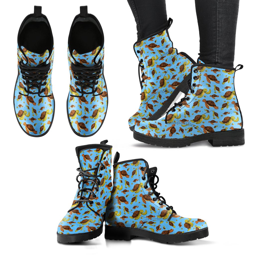 Hello Sea Turtle Print Pattern Women Leather Boots-JTAMIGO.COM