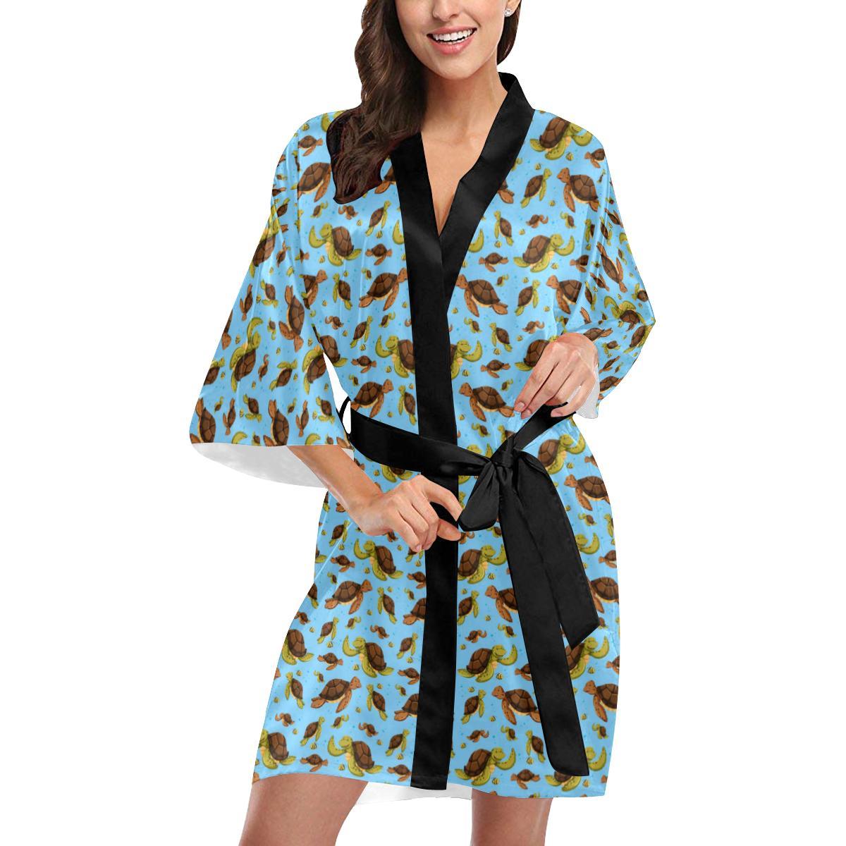Hello Sea Turtle Print Pattern Women Short Kimono Robe