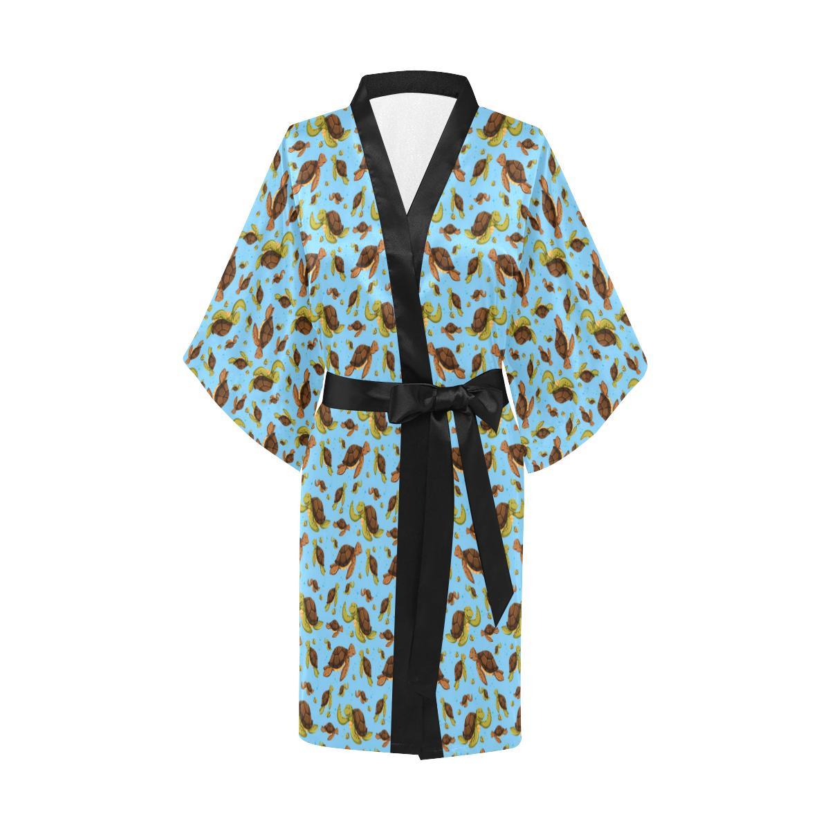 Hello Sea Turtle Print Pattern Women Short Kimono Robe