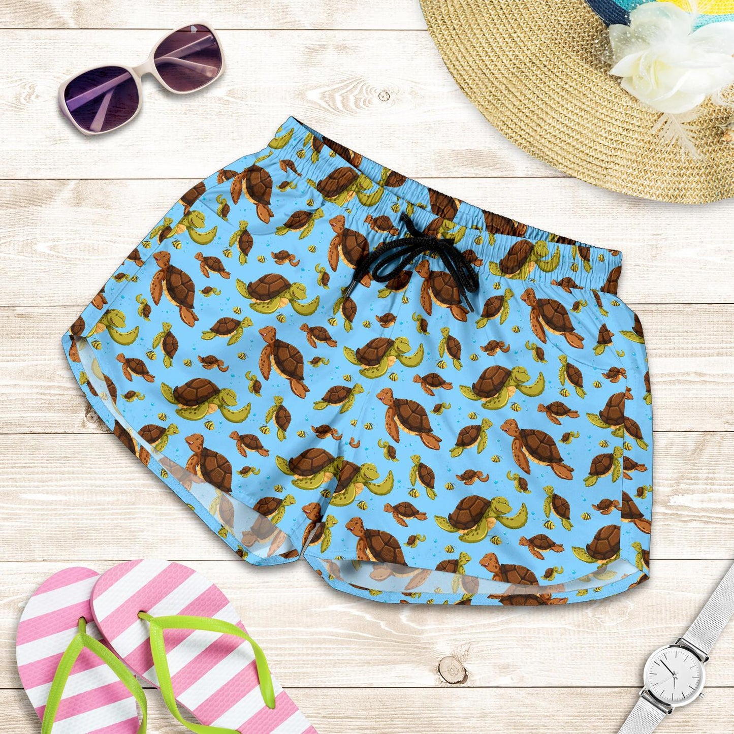 Hello Sea Turtle Print Pattern Women Shorts-JTAMIGO.COM
