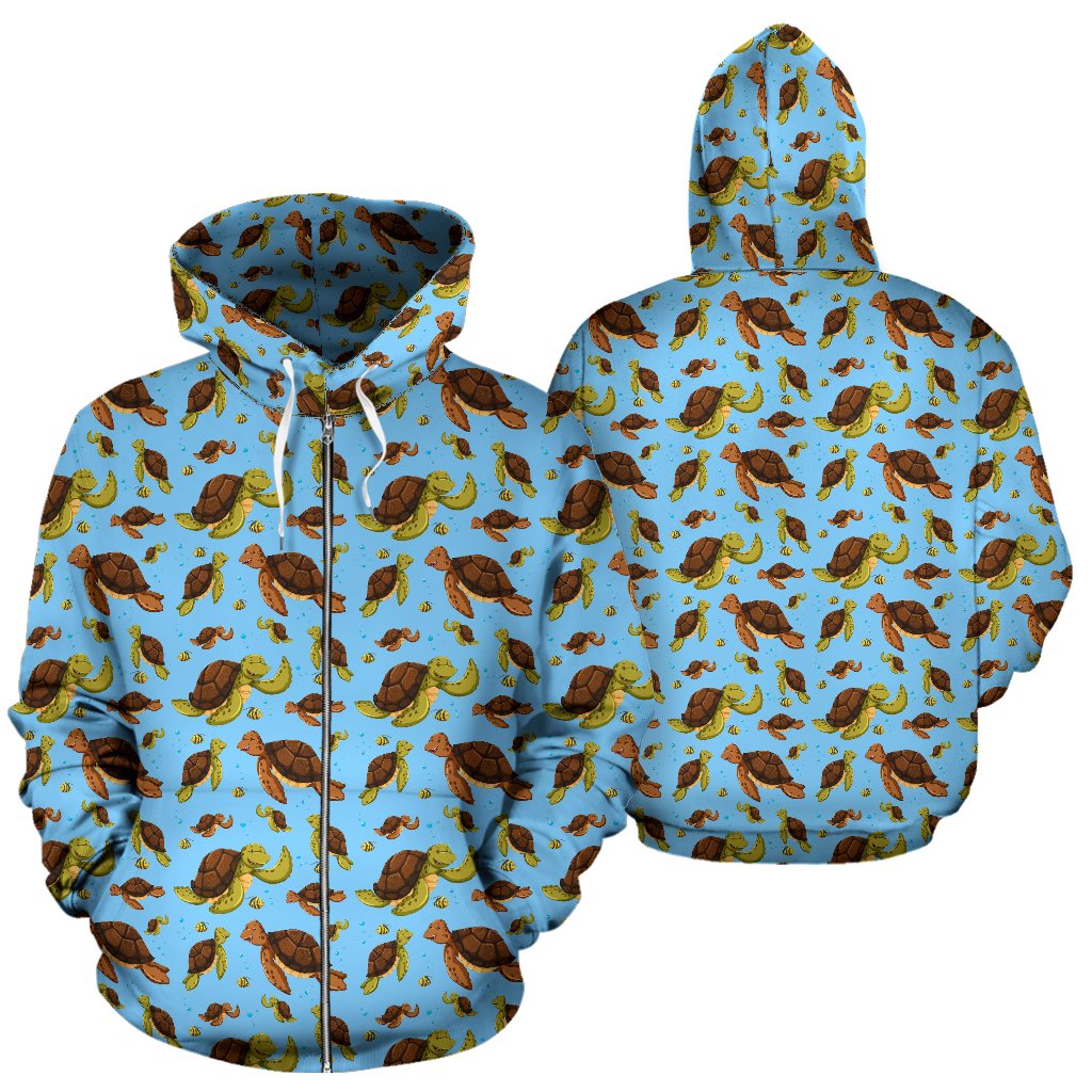 Hello Sea Turtle Print Pattern Zip Up Hoodie