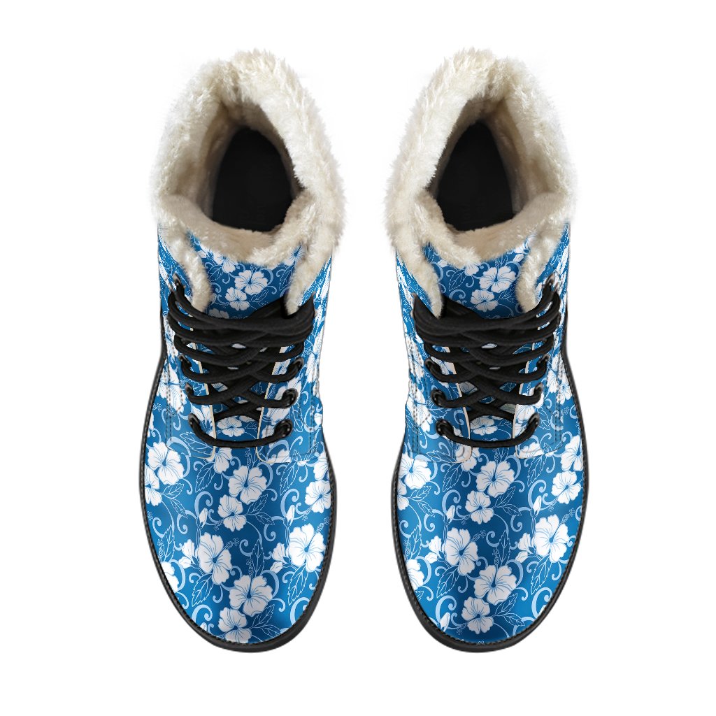 Hibiscus Blue Flower Hawaiian Print Faux Fur Leather Boots-JTAMIGO.COM