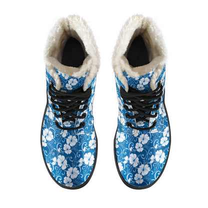 Hibiscus Blue Flower Hawaiian Print Faux Fur Leather Boots-JTAMIGO.COM