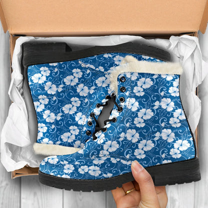 Hibiscus Blue Flower Hawaiian Print Faux Fur Leather Boots-JTAMIGO.COM