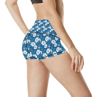 Hibiscus Blue Flower Hawaiian Print High Waisted Spandex Shorts-JTAMIGO.COM