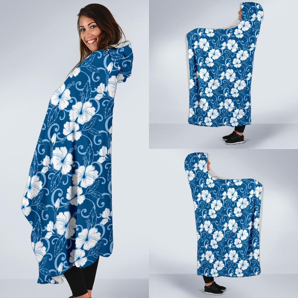 Hibiscus Blue Flower Hawaiian Print Hooded Blanket-JTAMIGO.COM