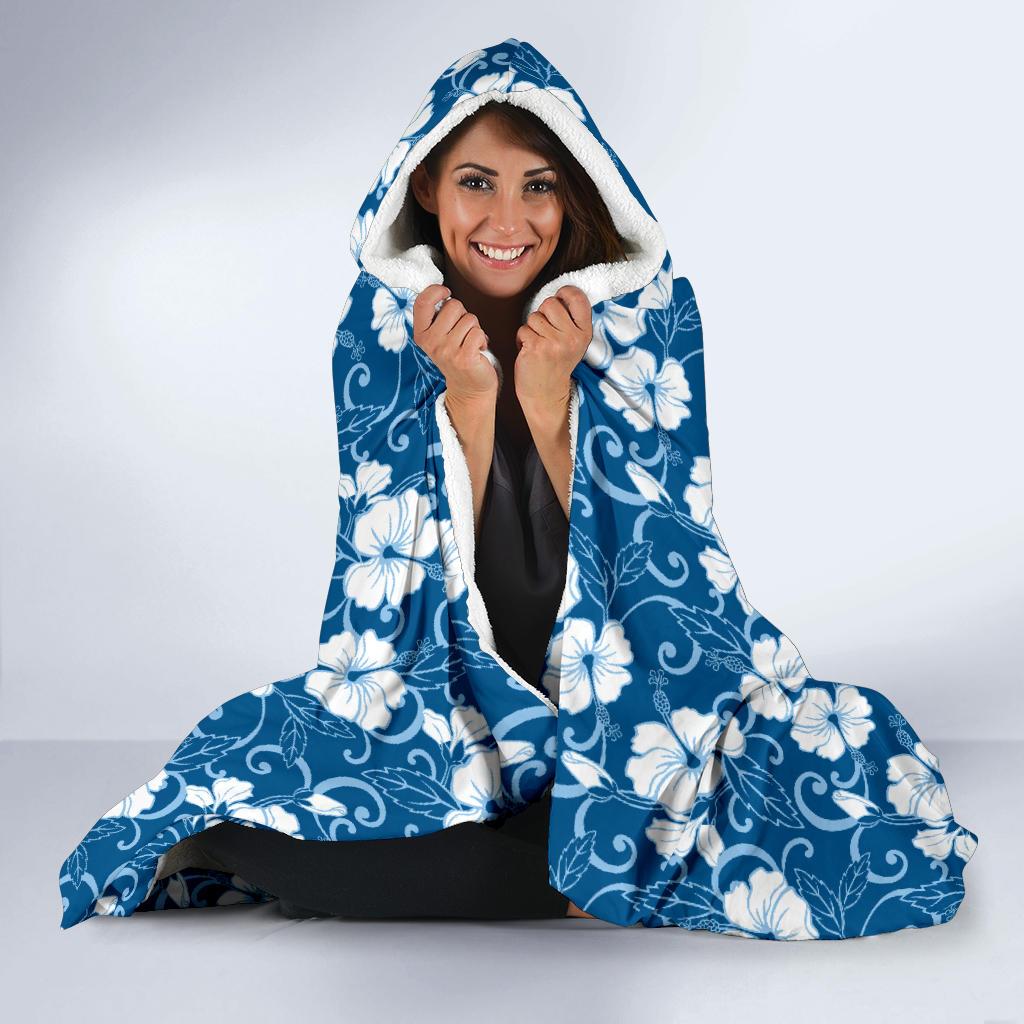 Hibiscus Blue Flower Hawaiian Print Hooded Blanket-JTAMIGO.COM