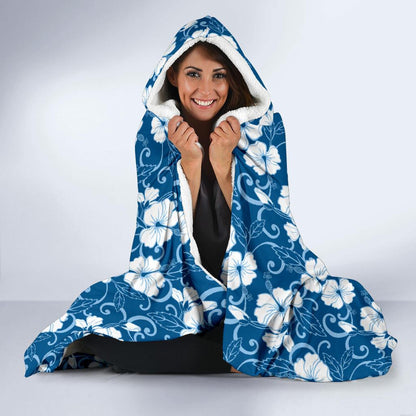 Hibiscus Blue Flower Hawaiian Print Hooded Blanket-JTAMIGO.COM