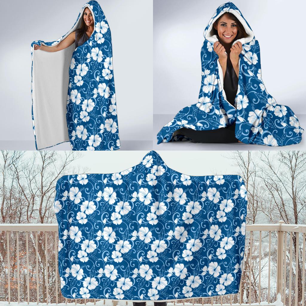 Hibiscus Blue Flower Hawaiian Print Hooded Blanket-JTAMIGO.COM