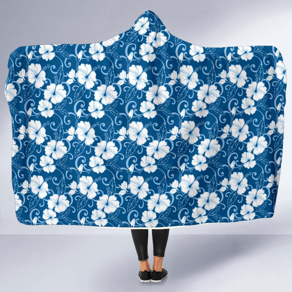 Hibiscus Blue Flower Hawaiian Print Hooded Blanket-JTAMIGO.COM