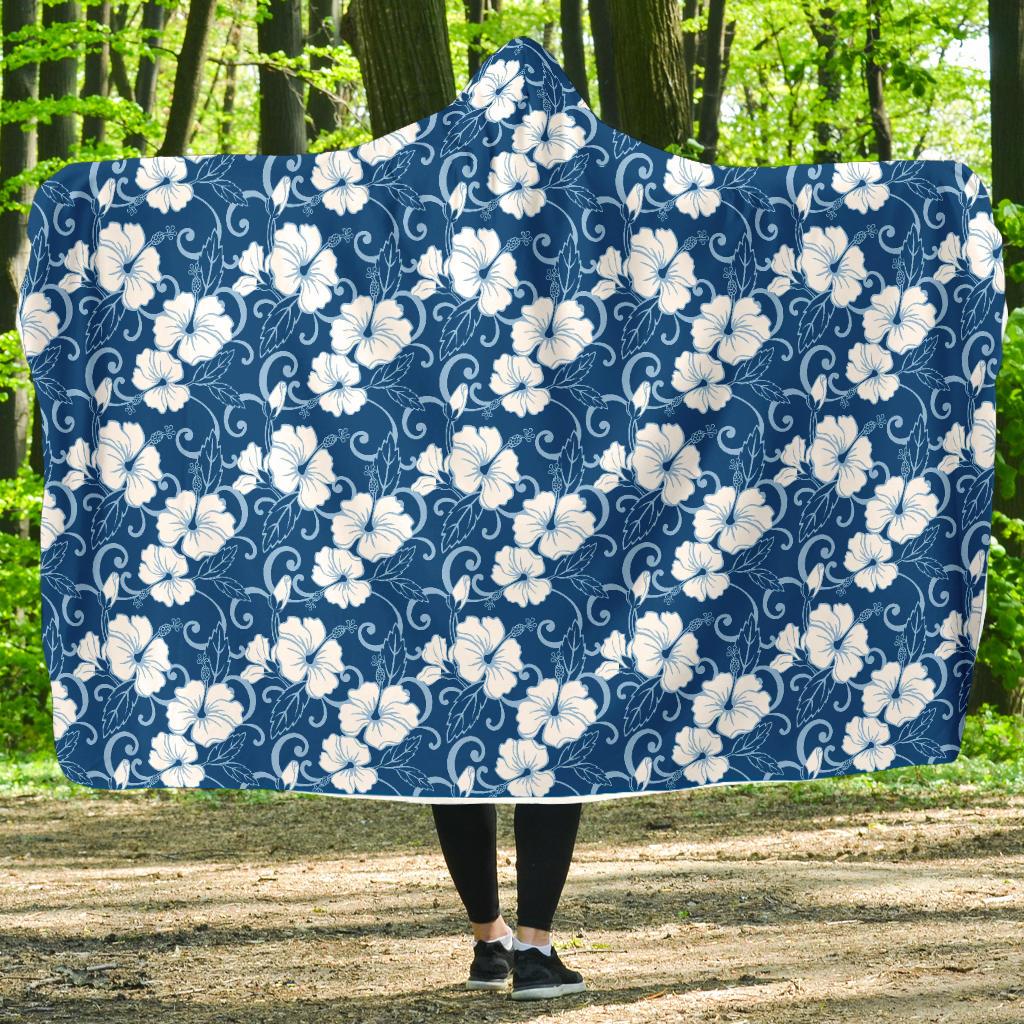 Hibiscus Blue Flower Hawaiian Print Hooded Blanket-JTAMIGO.COM