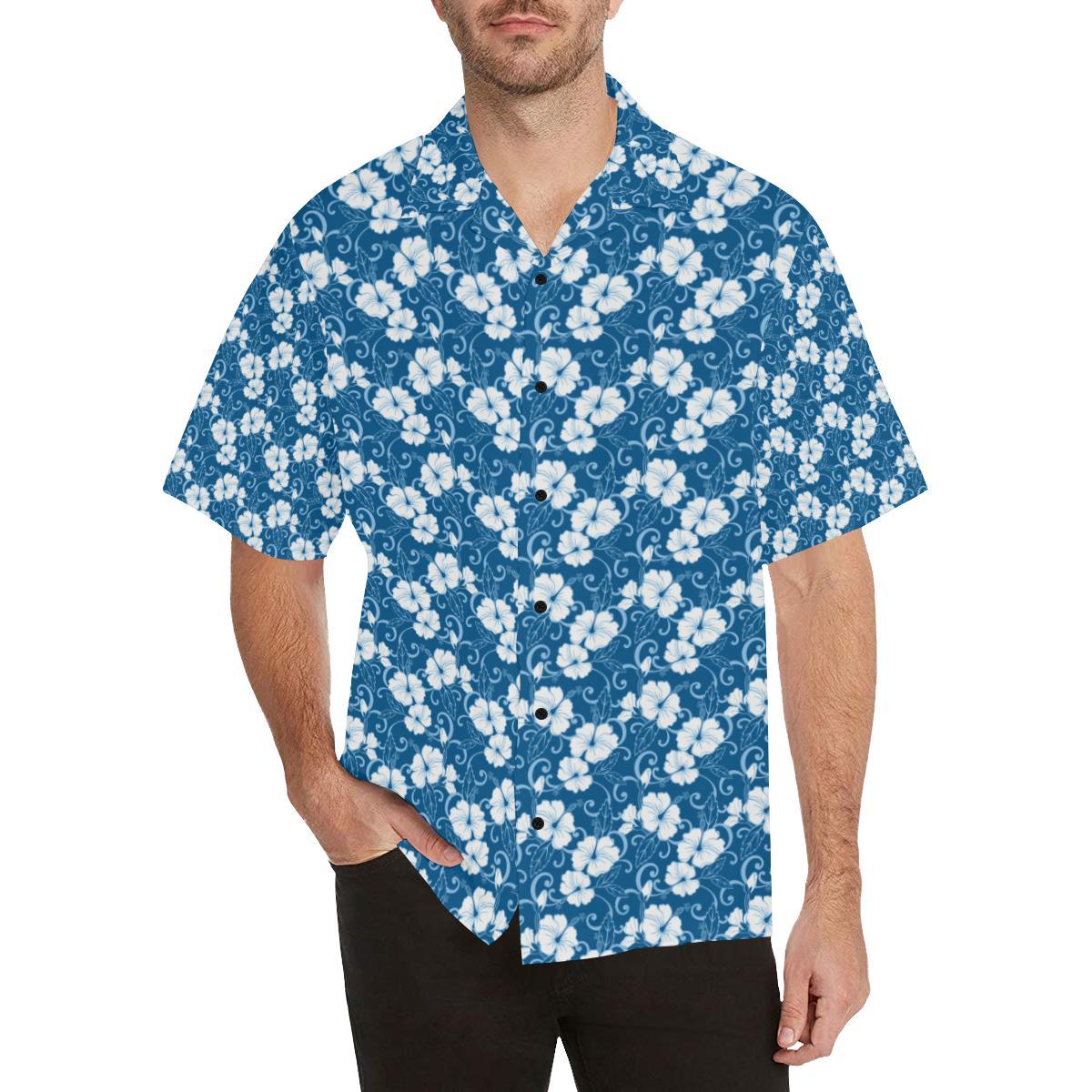 Hibiscus Blue Flower Hawaiian Print Men Aloha Hawaiian Shirt