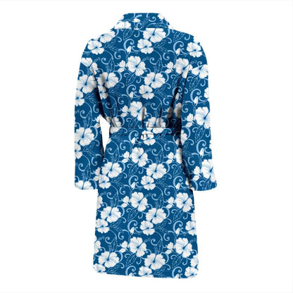Hibiscus Blue Flower Hawaiian Print Men Bath Robe-JTAMIGO.COM