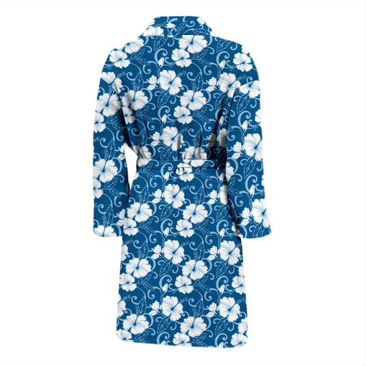 Hibiscus Blue Flower Hawaiian Print Men Bath Robe-JTAMIGO.COM