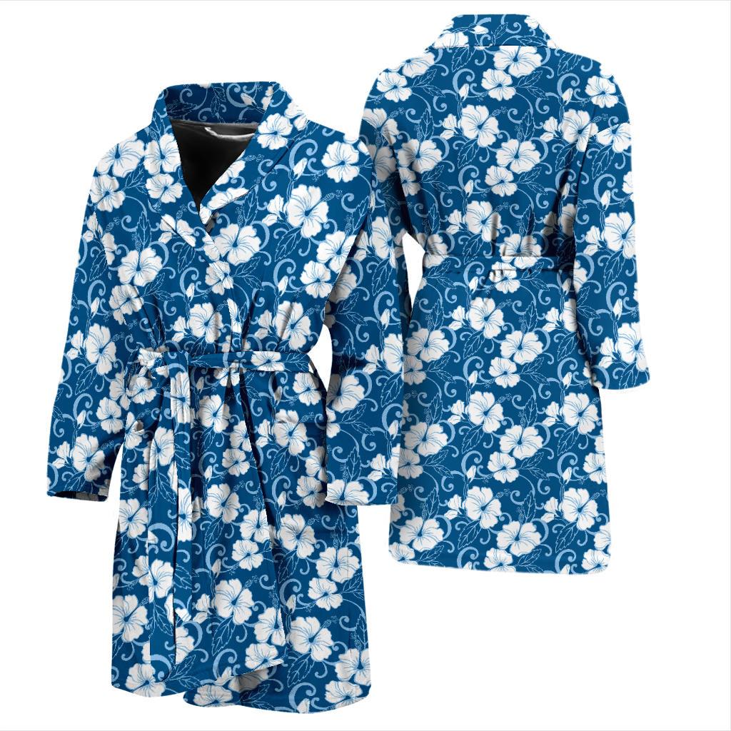 Hibiscus Blue Flower Hawaiian Print Men Bath Robe-JTAMIGO.COM