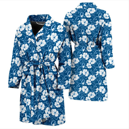 Hibiscus Blue Flower Hawaiian Print Men Bath Robe-JTAMIGO.COM