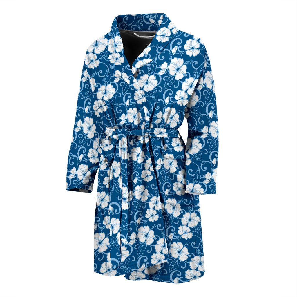 Hibiscus Blue Flower Hawaiian Print Men Bath Robe-JTAMIGO.COM