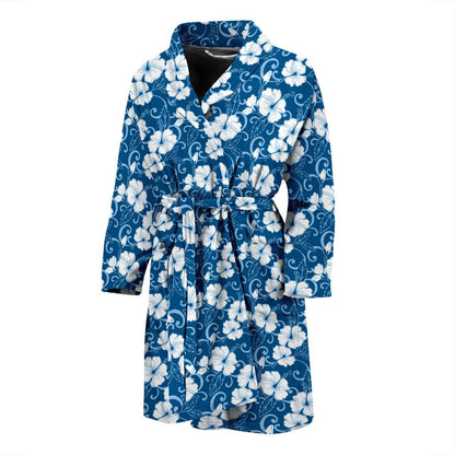 Hibiscus Blue Flower Hawaiian Print Men Bath Robe-JTAMIGO.COM