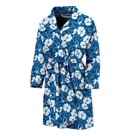 Hibiscus Blue Flower Hawaiian Print Men Bath Robe-JTAMIGO.COM
