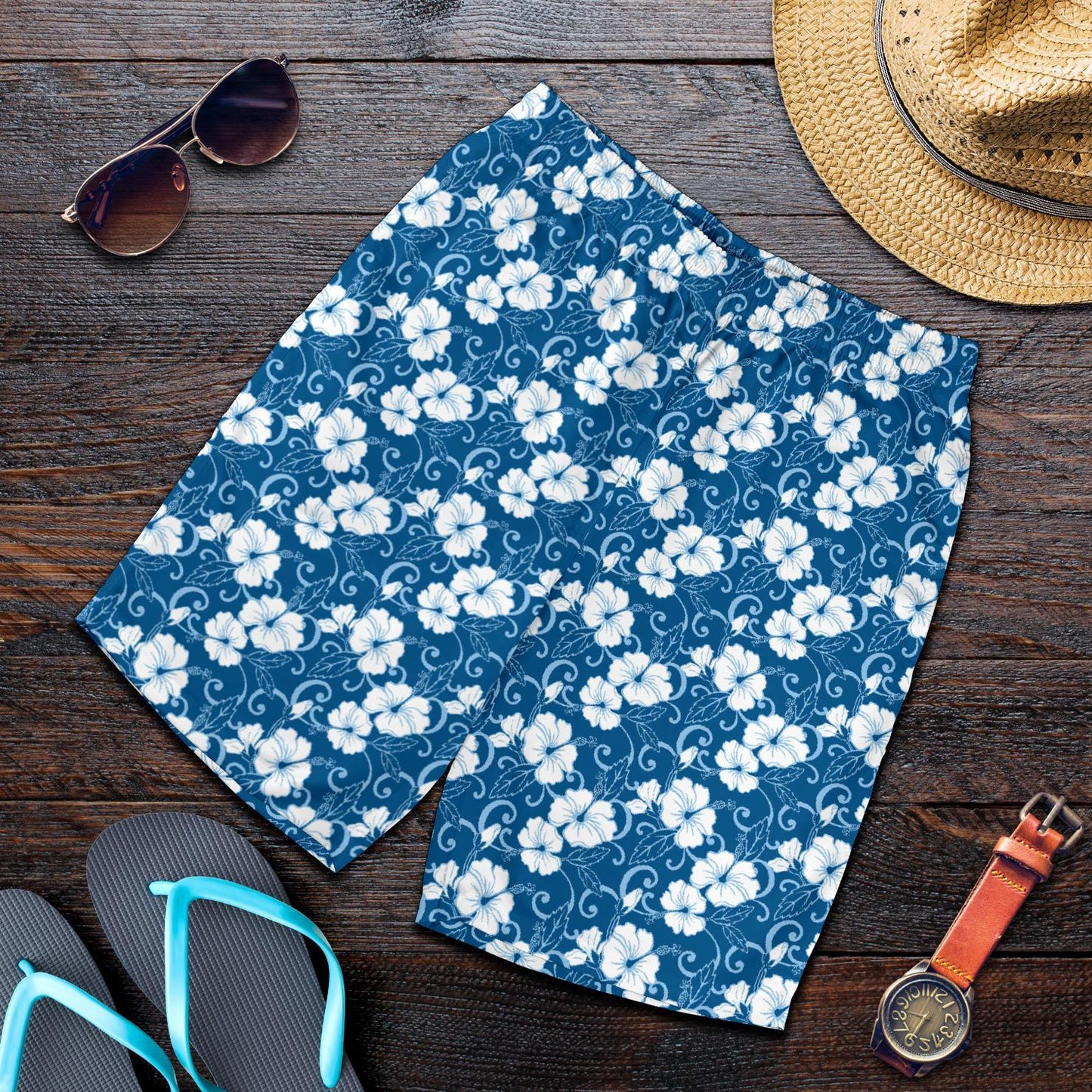 Hibiscus Blue Flower Hawaiian Print Mens Shorts-JTAMIGO.COM